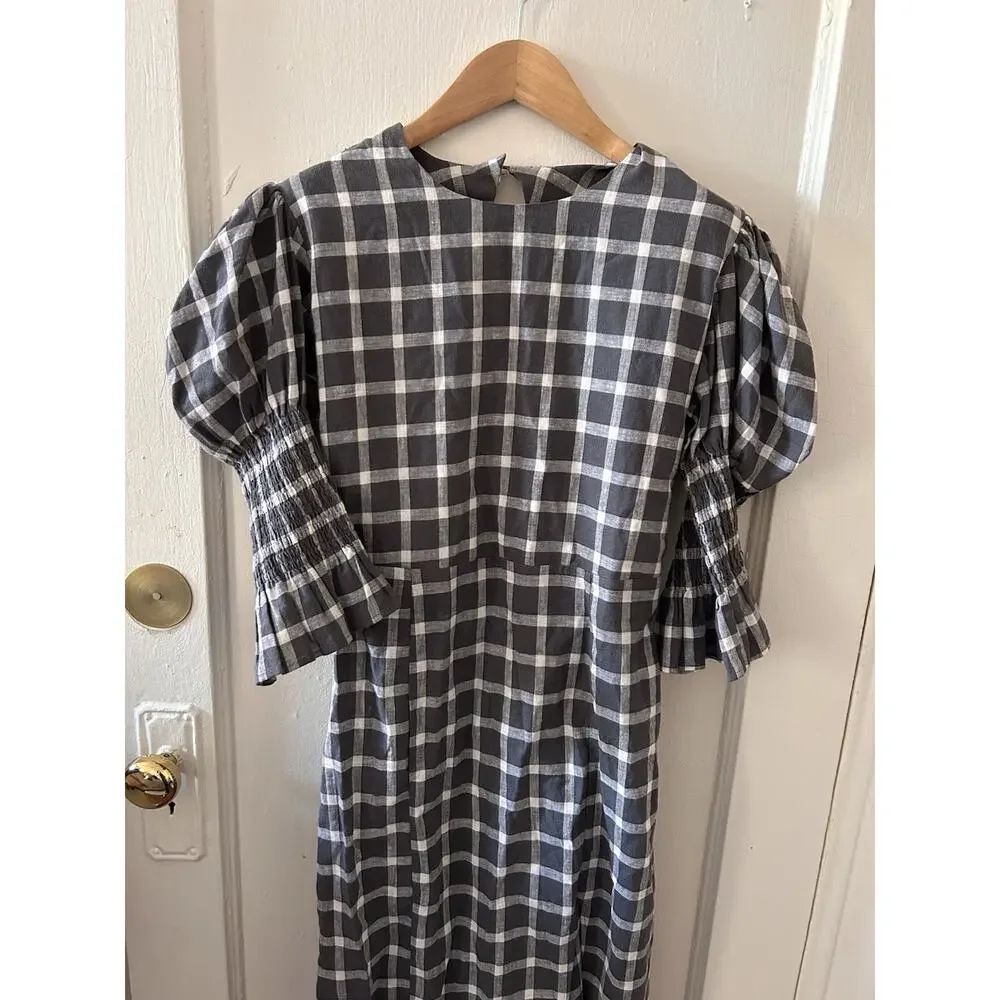 Nary Resort Gray‎ Plaid Puff Sleeve Dress Tie Back Slit | L - Picture 3 of 6